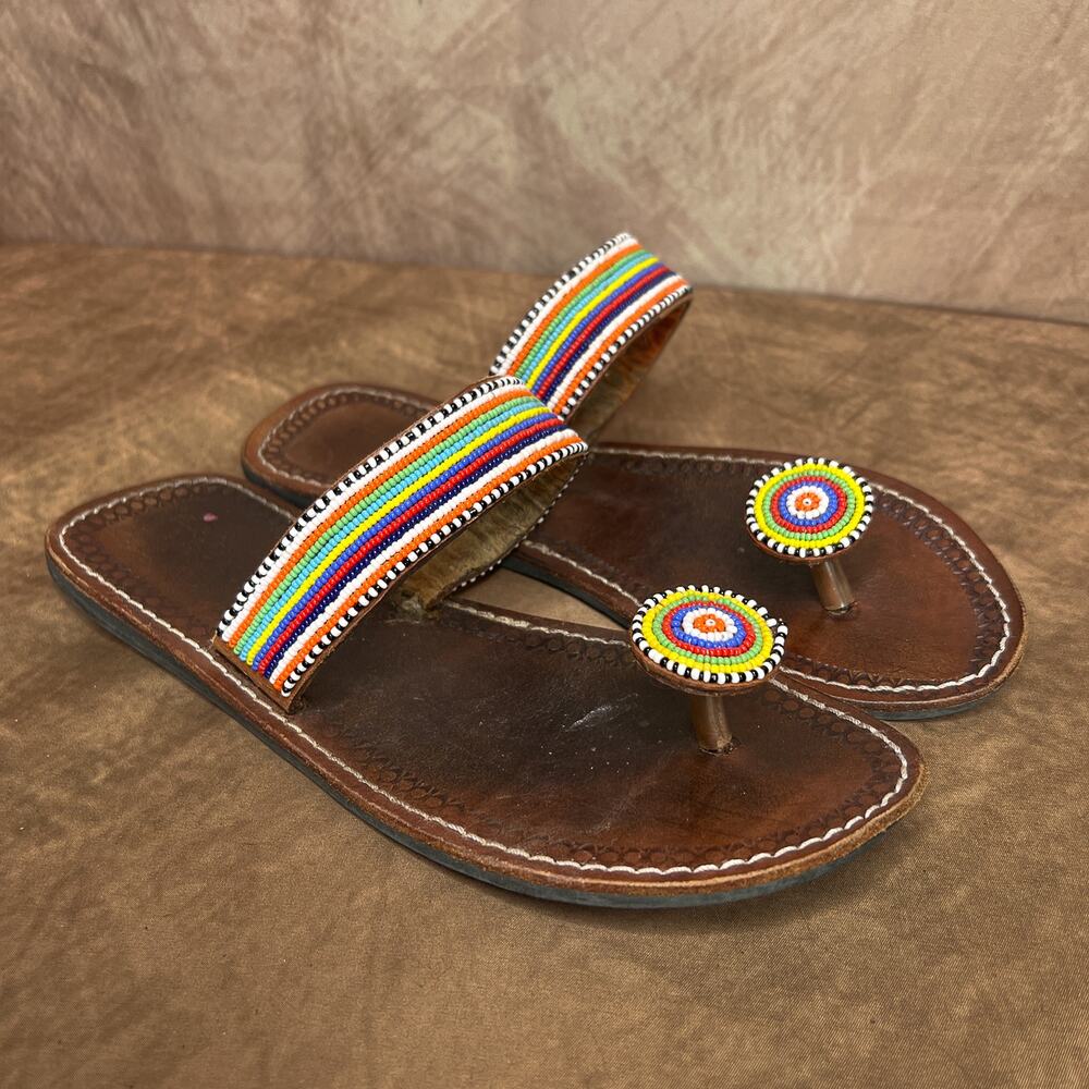 Vintage 90s Handmade Beaded Sandals Multicolor Leather Women's 39 Boho Festival